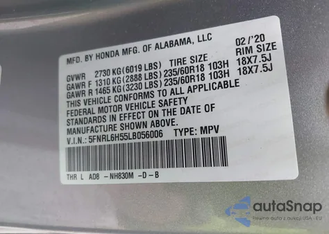 2020 Honda Odyssey Ex z USA, uszkodzony, nr VIN 5FNRL6H55LB056006
